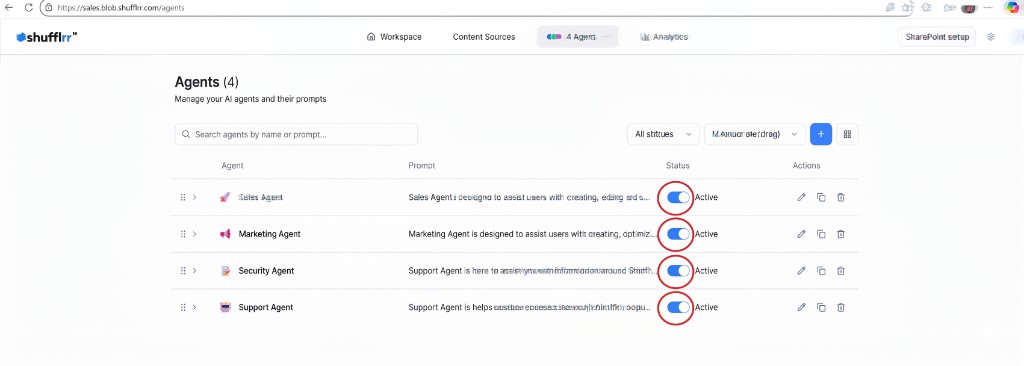 Agents page — Active toggles for each agent
