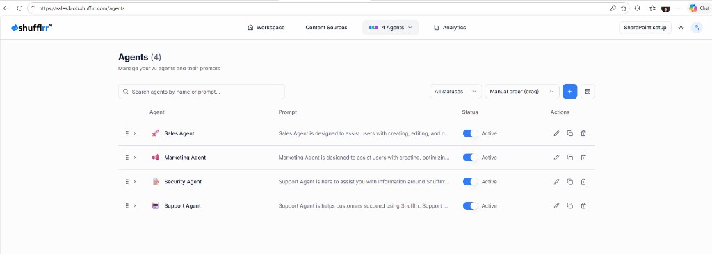 Agents management — list of agents with prompts and status