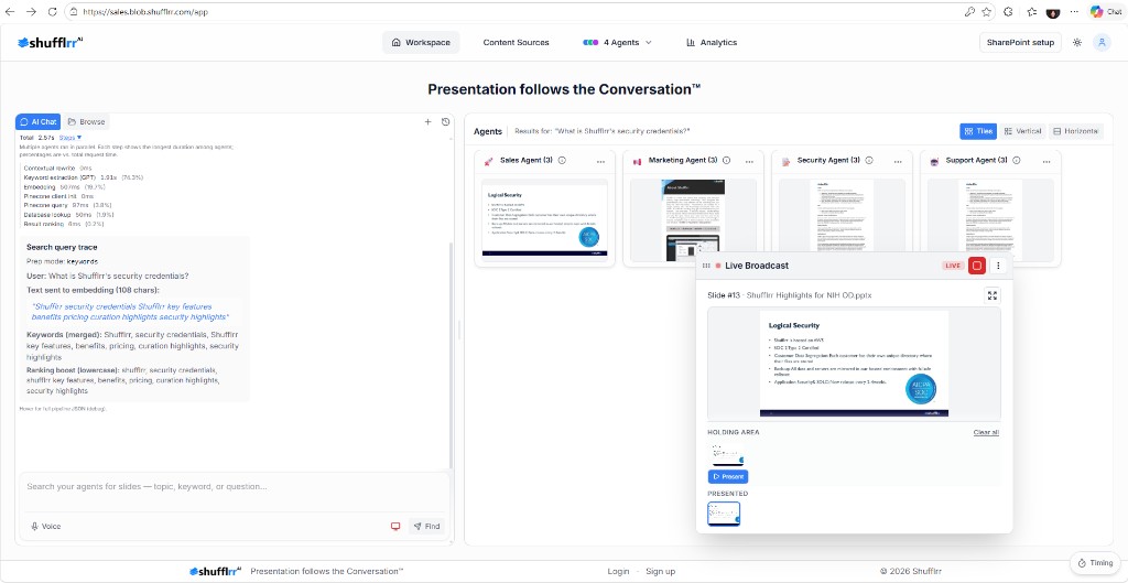 Live Broadcast panel with LIVE status, slide preview, and queue