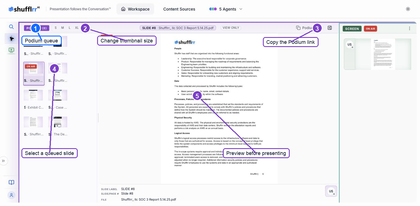 Annotated Podium queue and preview