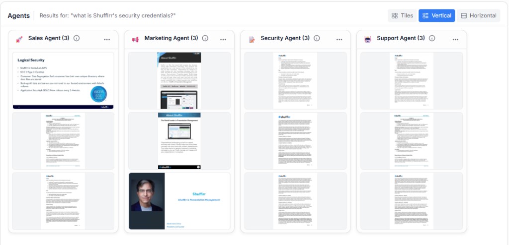 Agent feed — vertical columns with results per agent