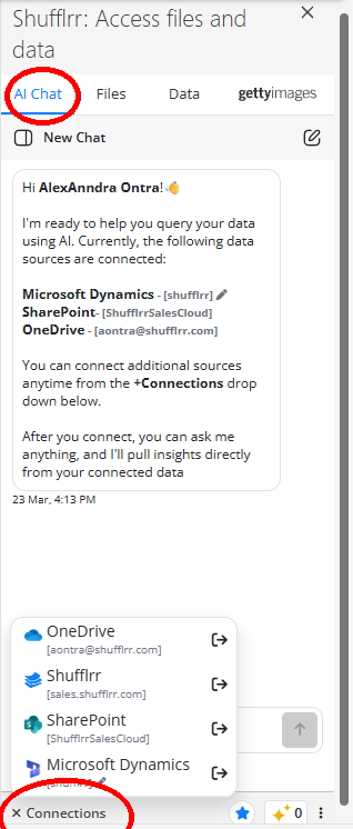 Shufflrr Add-in: AI Chat tab and Connections menu for data sources