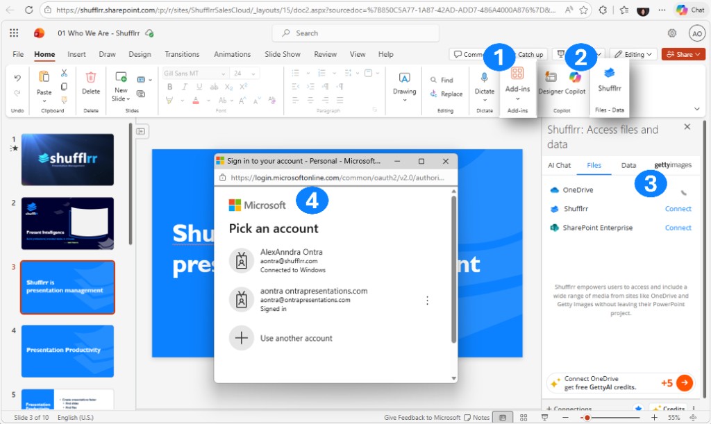 Sign in to the Shufflrr Add-in: Add-ins, Shufflrr in the ribbon, task pane with Files tab, and Microsoft sign-in