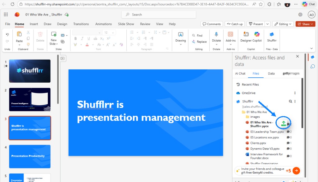 Upload to Shufflrr: green upload icon in the Files tab saves the deck back to Shufflrr