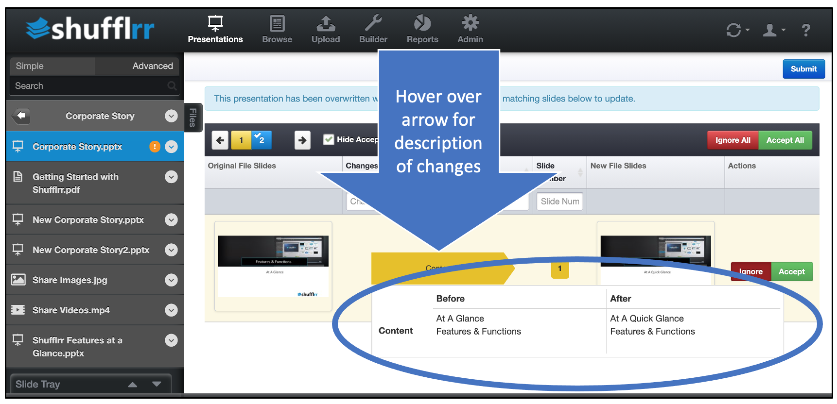 Image of accepting and rejecting changes process with hover