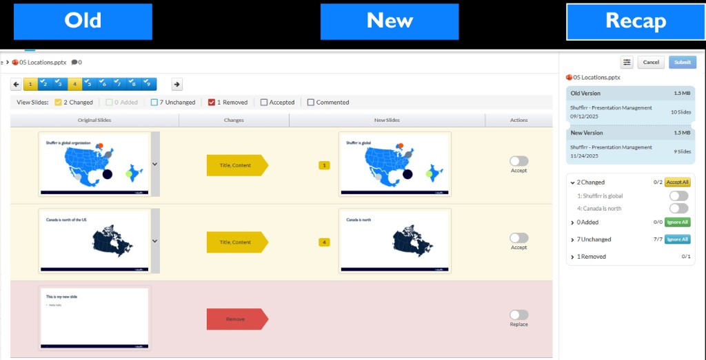 Slide update review: Old / New / Recap comparison with changed, added, unchanged, and removed slides